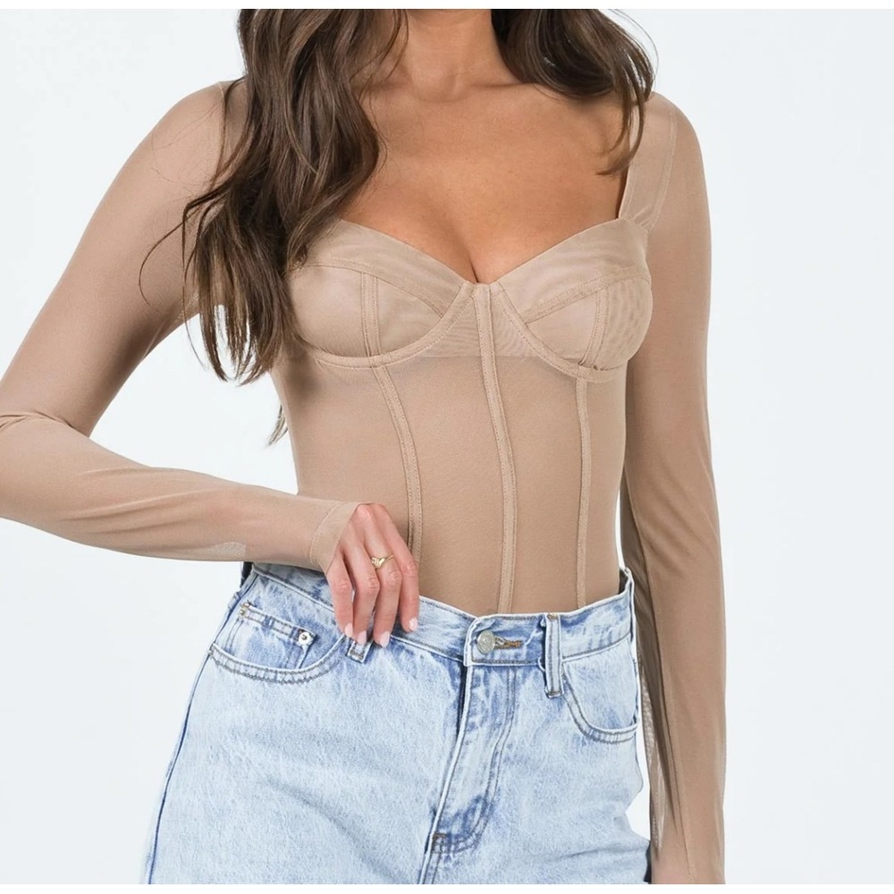 Princess Polly Taupe Long Sleeve Mesh Corset Bodysuit